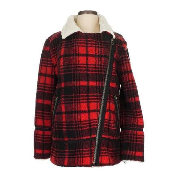 Faherty Montana Moto Coat Red Black Holly Plaid Sherpa Collar Jacket XS NWT $278